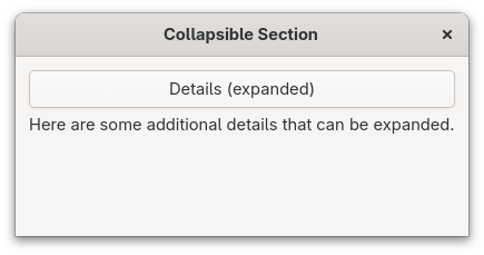 Window titled Collapsible Section with the Details toggle button in expanded state, revealing the text: Here are some additional details that can be expanded
